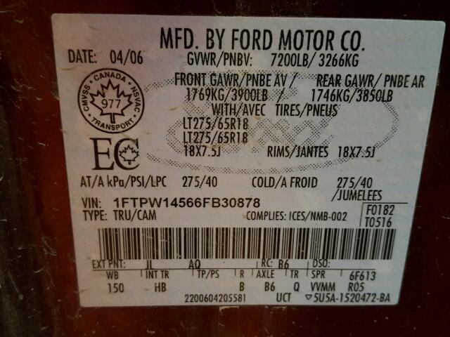 1FTPW14566FB30878 - 2006 FORD F150 SUPER BURGUNDY photo 10