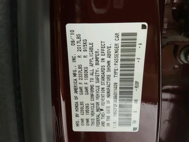 1HGCP2F34BA011409 - 2011 HONDA ACCORD LX BURGUNDY photo 10