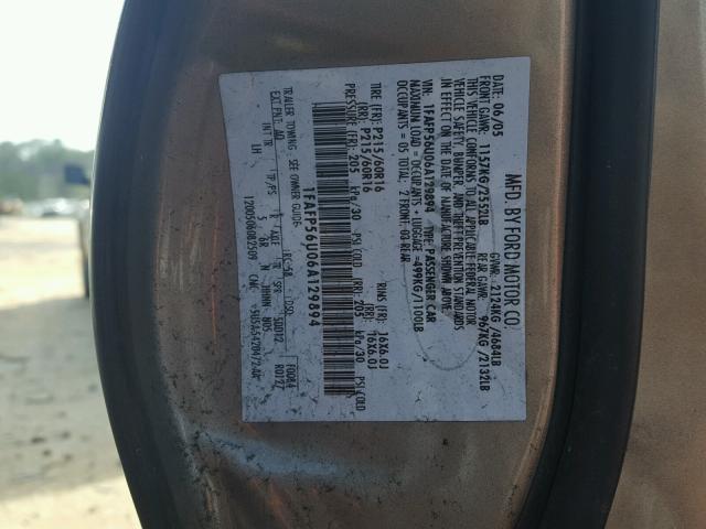 1FAFP56U06A129894 - 2006 FORD TAURUS SEL BEIGE photo 10