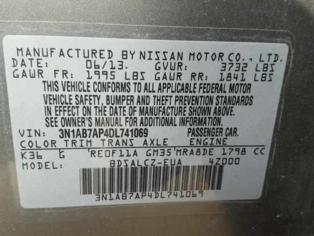 3N1AB7AP4DL741069 - 2013 NISSAN SENTRA GRAY photo 10