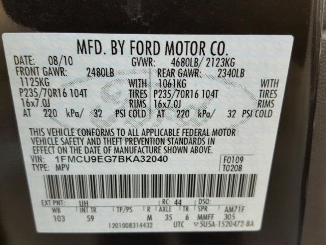 1FMCU9EG7BKA32040 - 2011 FORD ESCAPE LIM BLACK photo 10