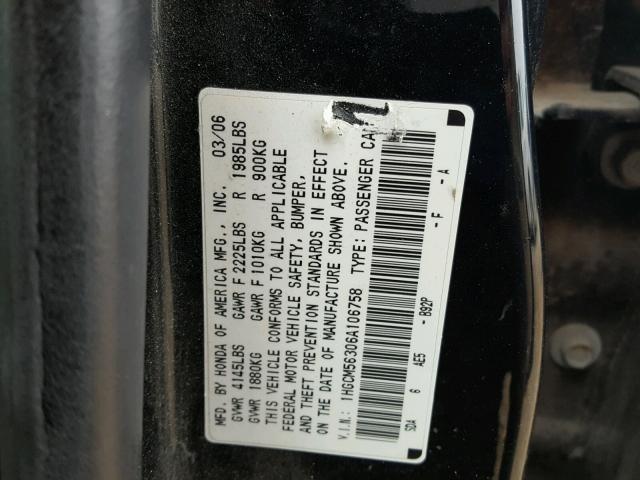 1HGCM56306A106758 - 2006 HONDA ACCORD SE BLACK photo 10