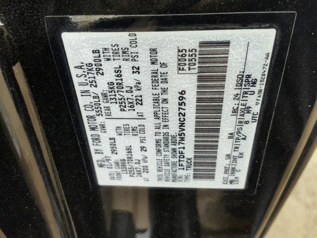 1FTDF17W5VNC27596 - 1997 FORD F150 BLACK photo 10