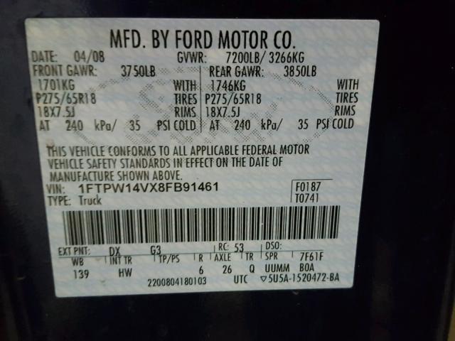 1FTPW14VX8FB91461 - 2008 FORD F150 SUPER BLUE photo 10