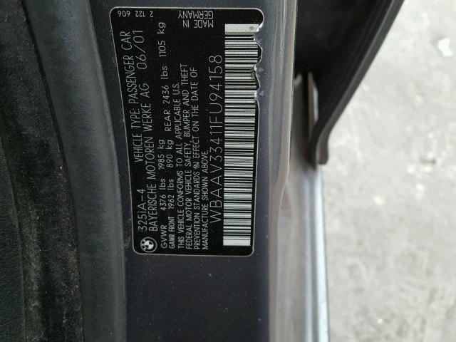 WBAAV33411FU94158 - 2001 BMW 325 I GRAY photo 10