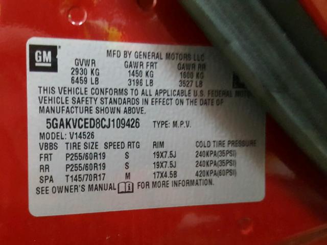 5GAKVCED8CJ109426 - 2012 BUICK ENCLAVE RED photo 10