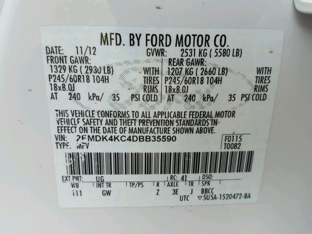 2FMDK4KC4DBB35590 - 2013 FORD EDGE LIMIT WHITE photo 10