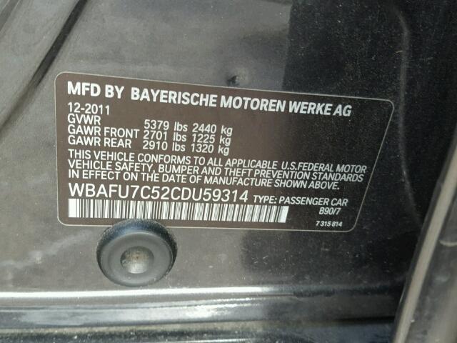 WBAFU7C52CDU59314 - 2012 BMW 535 XI Մոխրագույն լուսանկար 10