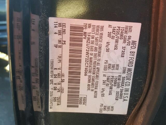 1FMZU73W72ZC74066 - 2002 FORD EXPLORER X CHARCOAL photo 10