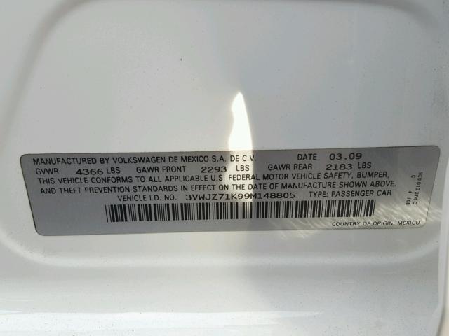 3VWJZ71K99M148805 - 2009 VOLKSWAGEN JETTA S 白色 照片 10