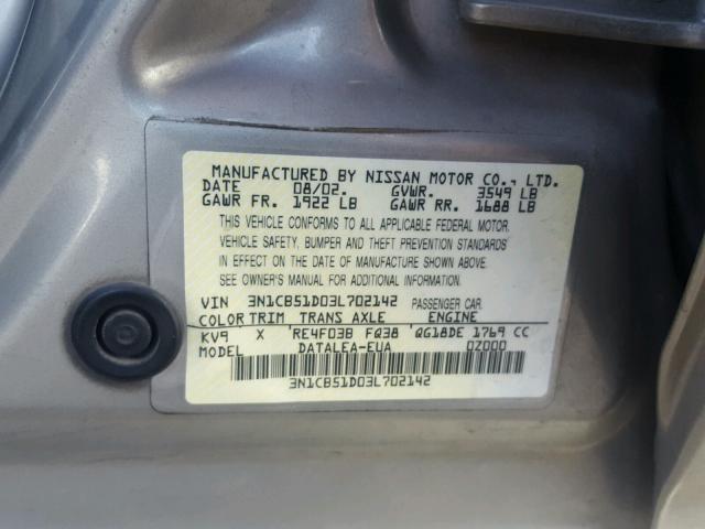 3N1CB51D03L702142 - 2003 NISSAN SENTRA XE GRAY photo 10