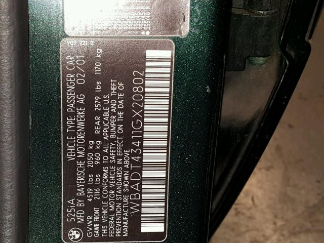 WBADT43411GX20802 - 2001 BMW 525 I AUTO GREEN photo 10