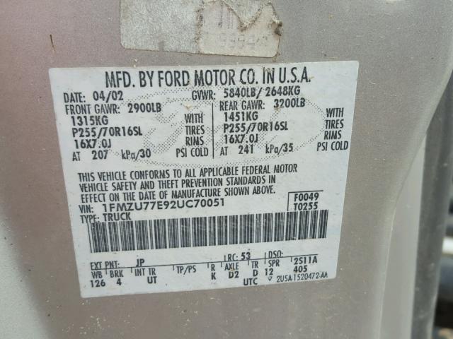 1FMZU77E92UC70051 - 2002 FORD EXPLORER S GRAY photo 10