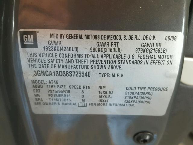 3GNCA13D38S725540 - 2008 CHEVROLET HHR LS GRAY photo 10