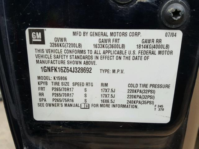 1GNFK16Z64J328692 - 2004 CHEVROLET SUBURBAN K BLUE photo 10