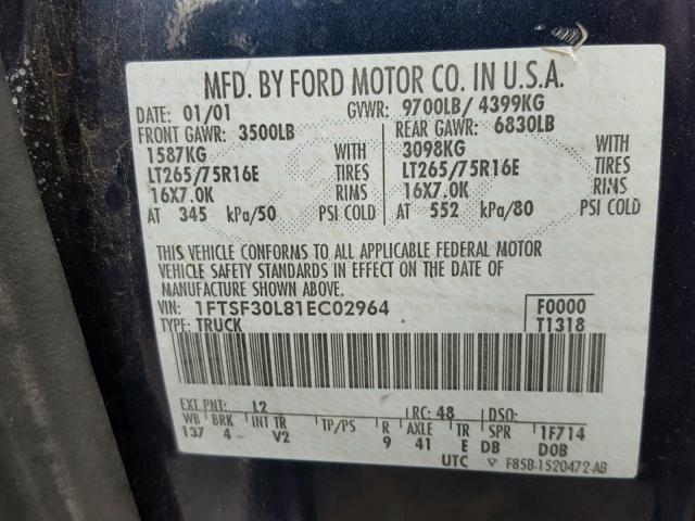 1FTSF30L81EC02964 - 2001 FORD F350 SRW S BLUE photo 10