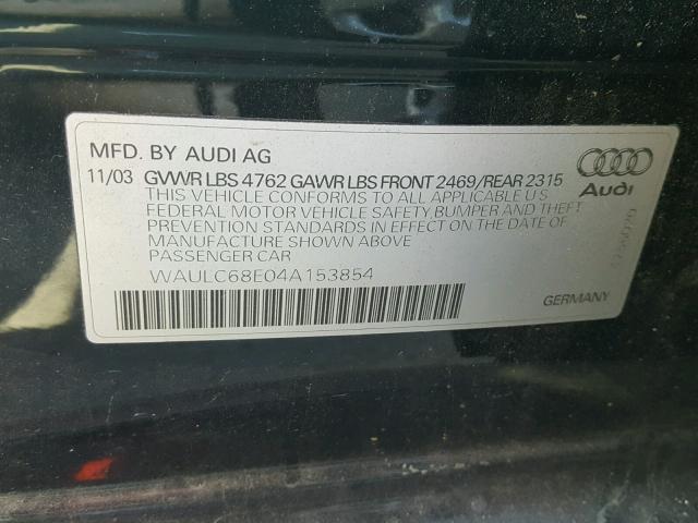 WAULC68E04A153854 - 2004 AUDI A4 BLACK photo 10