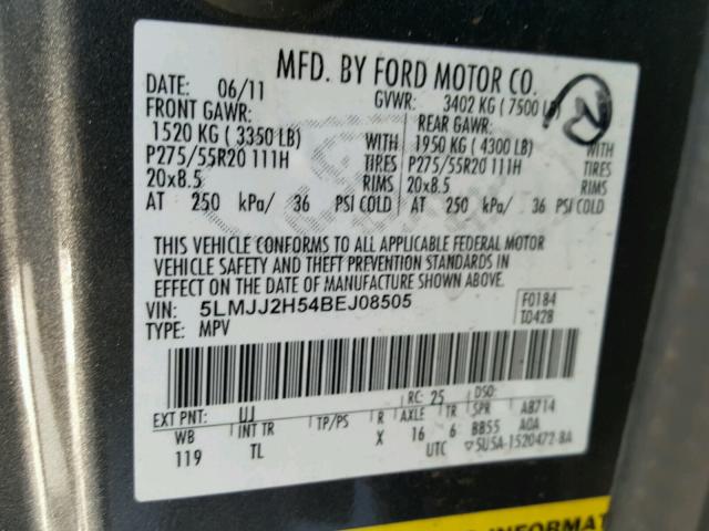 5LMJJ2H54BEJ08505 - 2011 LINCOLN NAVIGATOR 灰色 照片 10