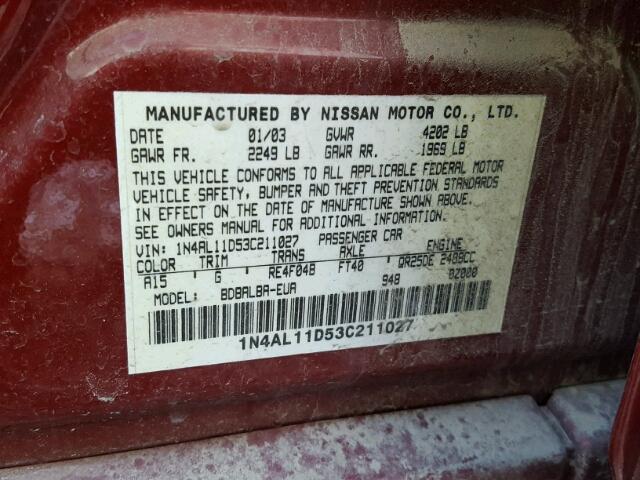 1N4AL11D53C211027 - 2003 NISSAN ALTIMA BAS RED photo 10