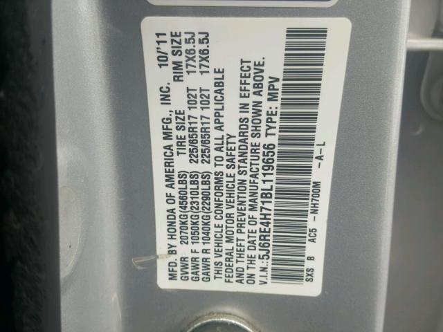 5J6RE4H71BL119656 - 2011 HONDA CR-V EXL GRAY photo 10