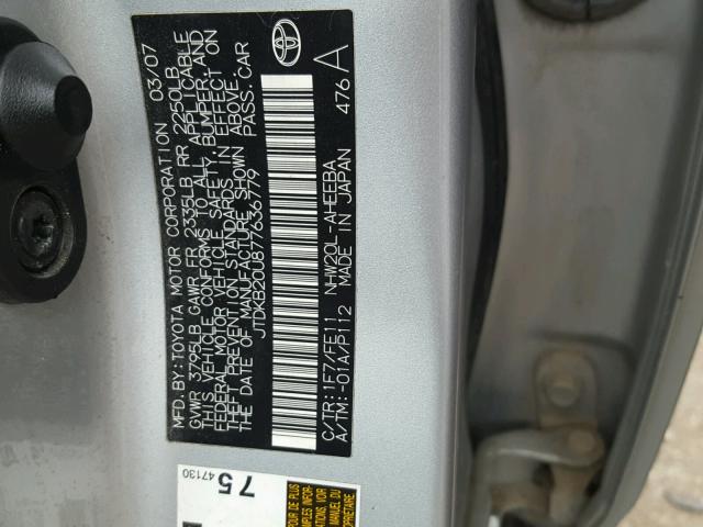 JTDKB20U877636779 - 2007 TOYOTA PRIUS SILVER photo 10