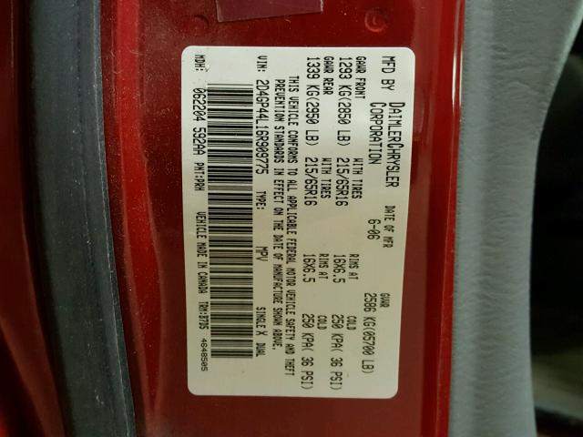 2D4GP44L16R909775 - 2006 DODGE GRAND CARA RED photo 10