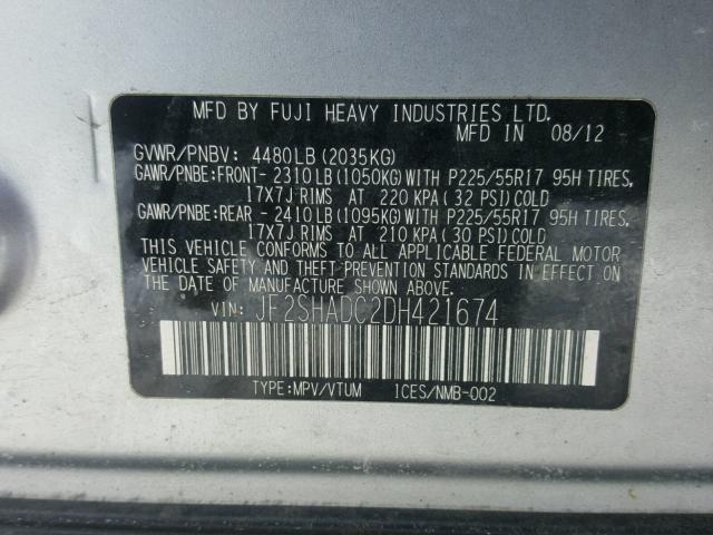 JF2SHADC2DH421674 - 2013 SUBARU FORESTER 2 SILVER photo 10