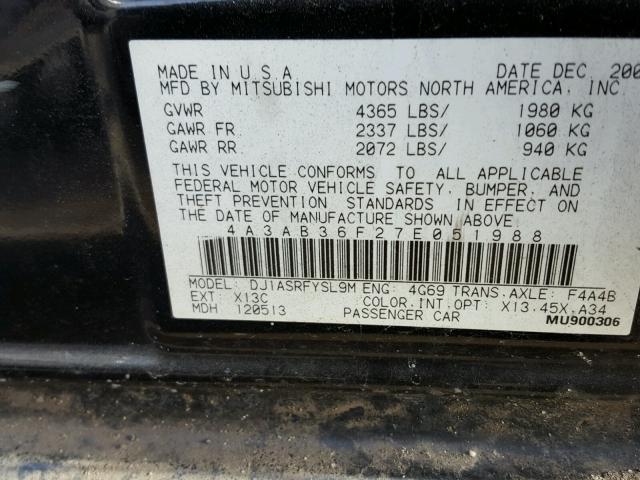 4A3AB36F27E051988 - 2007 MITSUBISHI GALANT ES BLACK photo 10