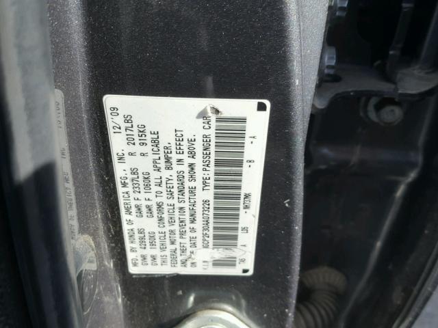 1HGCP2F30AA073226 - 2010 HONDA ACCORD LX CHARCOAL photo 10