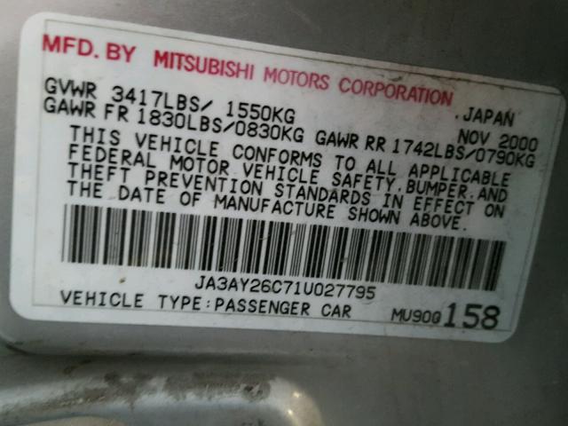 JA3AY26C71U027795 - 2001 MITSUBISHI MIRAGE ES GRAY photo 10