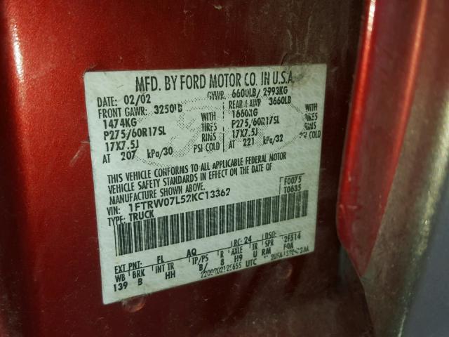 1FTRW07L52KC13362 - 2002 FORD F150 SUPER RED photo 10