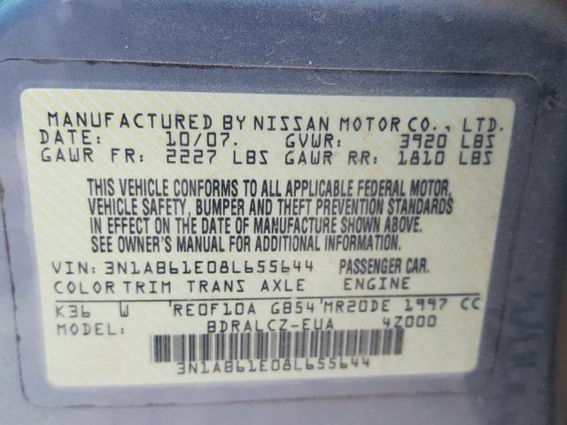 3N1AB61E08L655644 - 2008 NISSAN SENTRA 2.0 GRAY photo 10