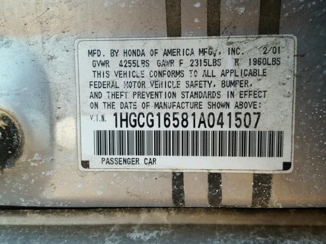 1HGCG16581A041507 - 2001 HONDA ACCORD EX SILVER photo 10