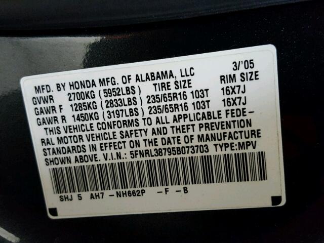 5FNRL38795B073703 - 2005 HONDA ODYSSEY EX GRAY photo 10