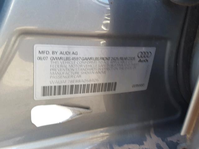 WAUAF78E88A058405 - 2008 AUDI A4 2.0T SILVER photo 10