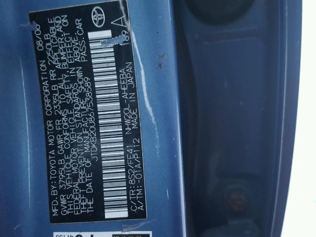 JTDKB20U867538589 - 2006 TOYOTA PRIUS BLUE photo 10