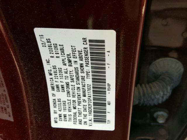 1HGCR2F30FA117632 - 2015 HONDA ACCORD LX BURGUNDY photo 10