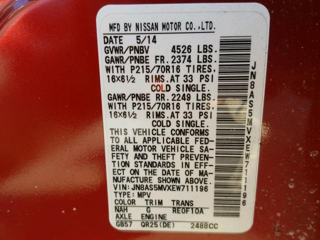 JN8AS5MVXEW711196 - 2014 NISSAN ROGUE SELE RED photo 10