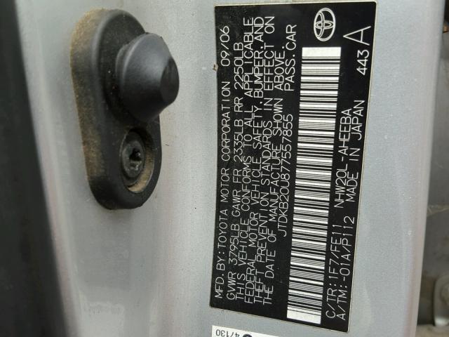 JTDKB20U877557855 - 2007 TOYOTA PRIUS GRAY photo 10