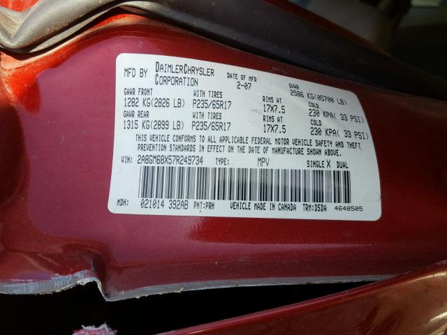 2A8GM68X57R249734 - 2007 CHRYSLER PACIFICA T RED photo 10