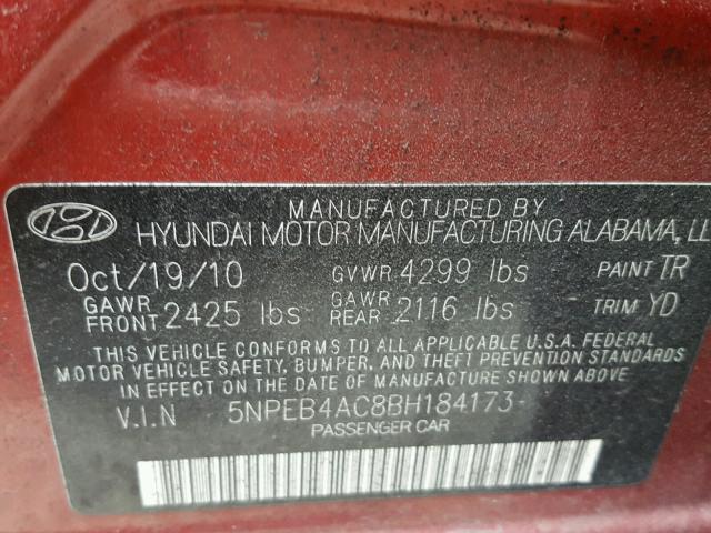 5NPEB4AC8BH184173 - 2011 HYUNDAI SONATA GLS RED photo 10