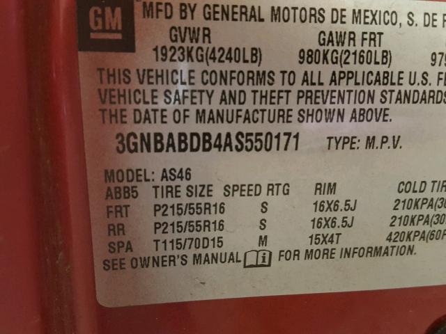 3GNBABDB4AS550171 - 2010 CHEVROLET HHR LT RED photo 10