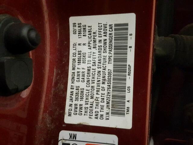 JHMZE2H76AS003057 - 2010 HONDA INSIGHT EX RED photo 10