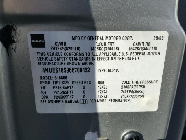 4NUES16S966700432 - 2006 ISUZU ASCENDER S 灰色 照片 10