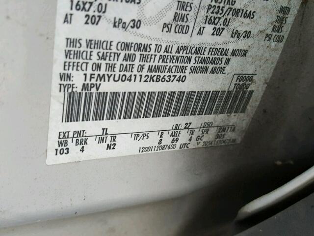 1FMYU04112KB63740 - 2002 FORD ESCAPE XLT SILVER photo 10