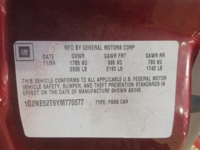 1G2NE52T6YM770577 - 2000 PONTIAC GRAND AM S RED photo 10