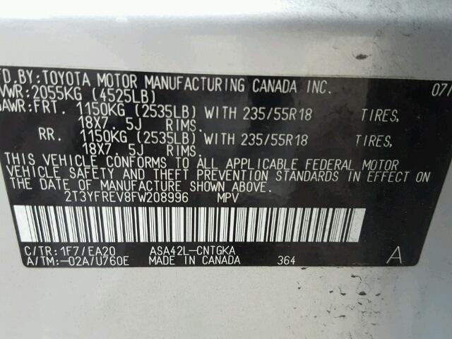 2T3YFREV8FW208996 - 2015 TOYOTA RAV4 LIMIT SILVER photo 10