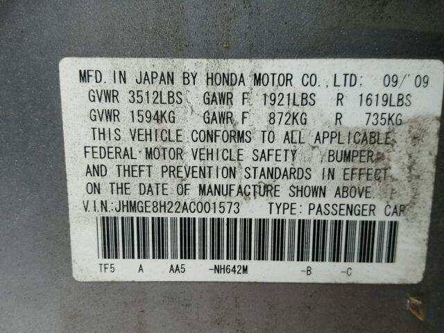 JHMGE8H22AC001573 - 2010 HONDA FIT SILVER photo 10