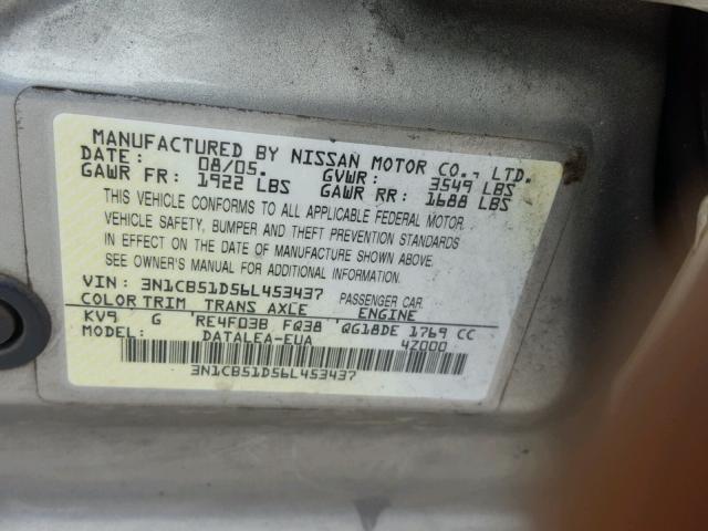 3N1CB51D56L453437 - 2006 NISSAN SENTRA 1.8 BEIGE photo 10