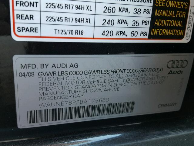 WAUNE78P28A179680 - 2008 AUDI A3 2.0 PRE CHARCOAL photo 10